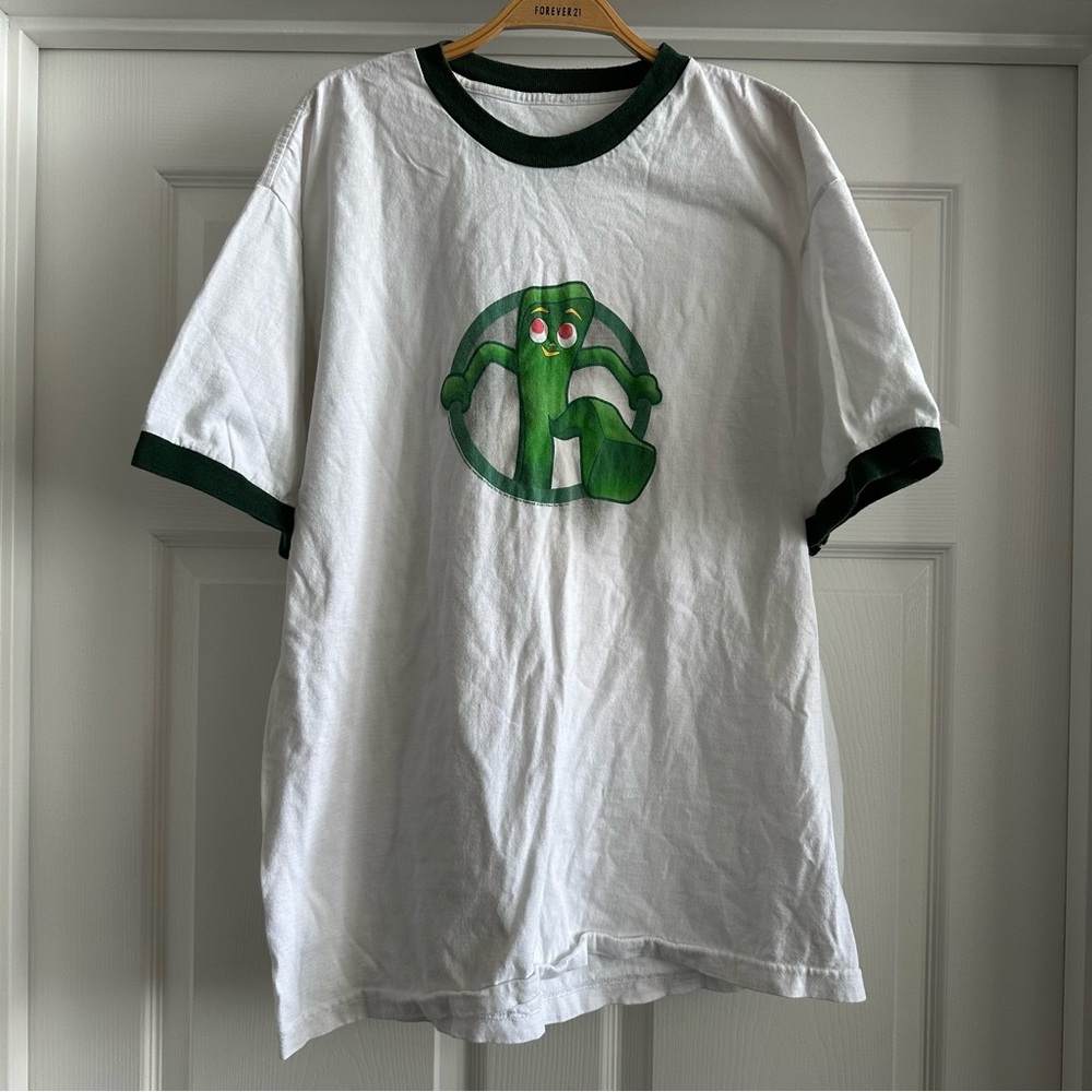 Vintage 2001 Gumby T Shirt Ringer White Green Graphic Y2K Single Stitch Large